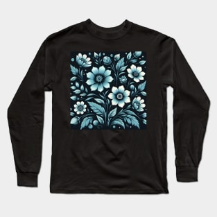 Blue Floral Illustration Long Sleeve T-Shirt